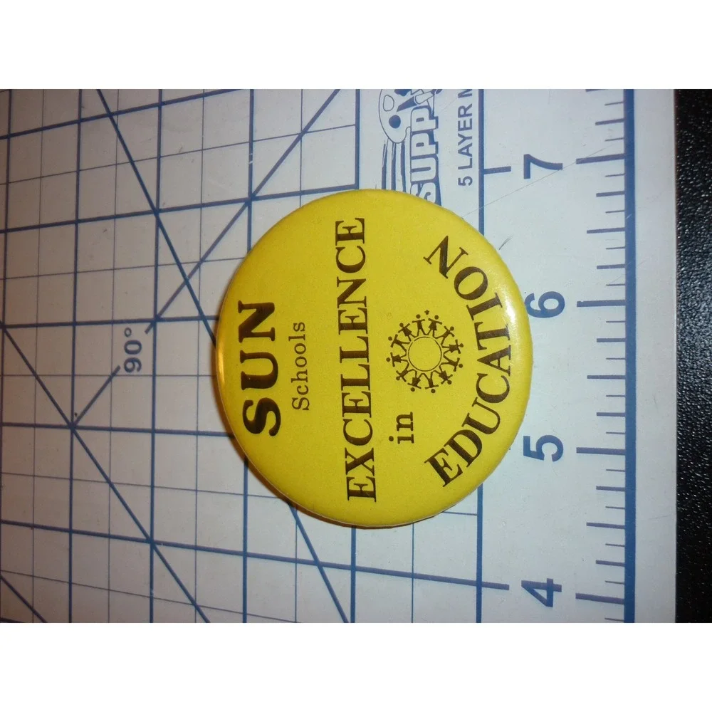 Vintage SUN Schools Excellence in Education Yellow Pinback Button 2.25 Inch